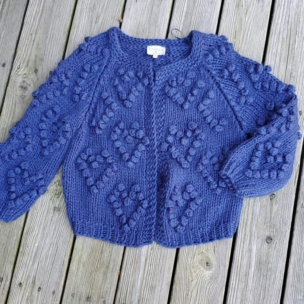Hayden Hand-knotted Bubble Cardigan sweater s/m Royal blue Hearts design